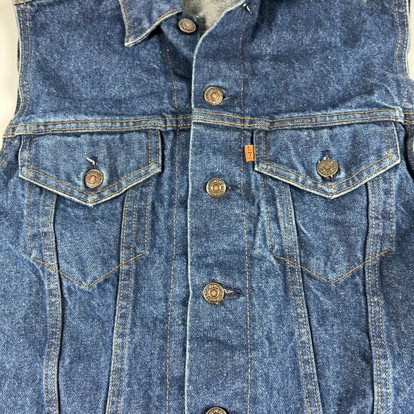 VTG 80s Levis Denim Vest Women Small Dark Blue Sleeveless Jean Jacket Orange Tab - Picture 2 of 10